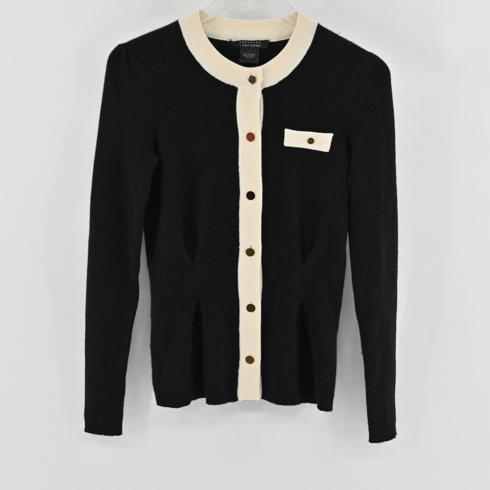 Bloomingdales Cashmere Cardigan Womens Size S Black Cream Preppy Old Money Soft